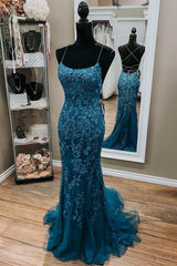 Party Dress Hair Style, Stunning Blue Lace Appliqus Long Prom Dress