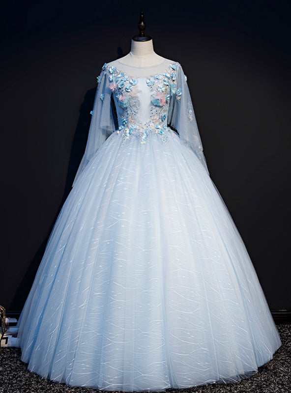 Find Your Dress For Prom! Sky Blue Ball Gown Tulle Appliques 3/4 Sleeve Quinceanera Dress