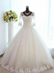 Floor Length Tulle Ball Gown Beading V neck 3/4 Sleeves Bateau Wedding Dresses