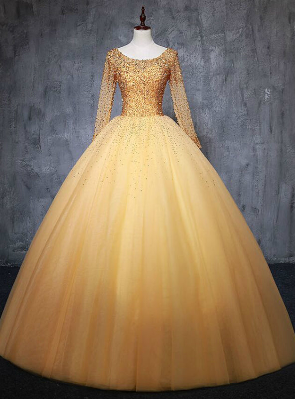 For Your Big Night Gold Ball Gown Tulle Long Sleeve Beading Sequins Quinceanera Dress