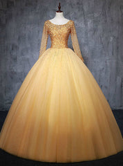 For Your Big Night Gold Ball Gown Tulle Long Sleeve Beading Sequins Quinceanera Dress