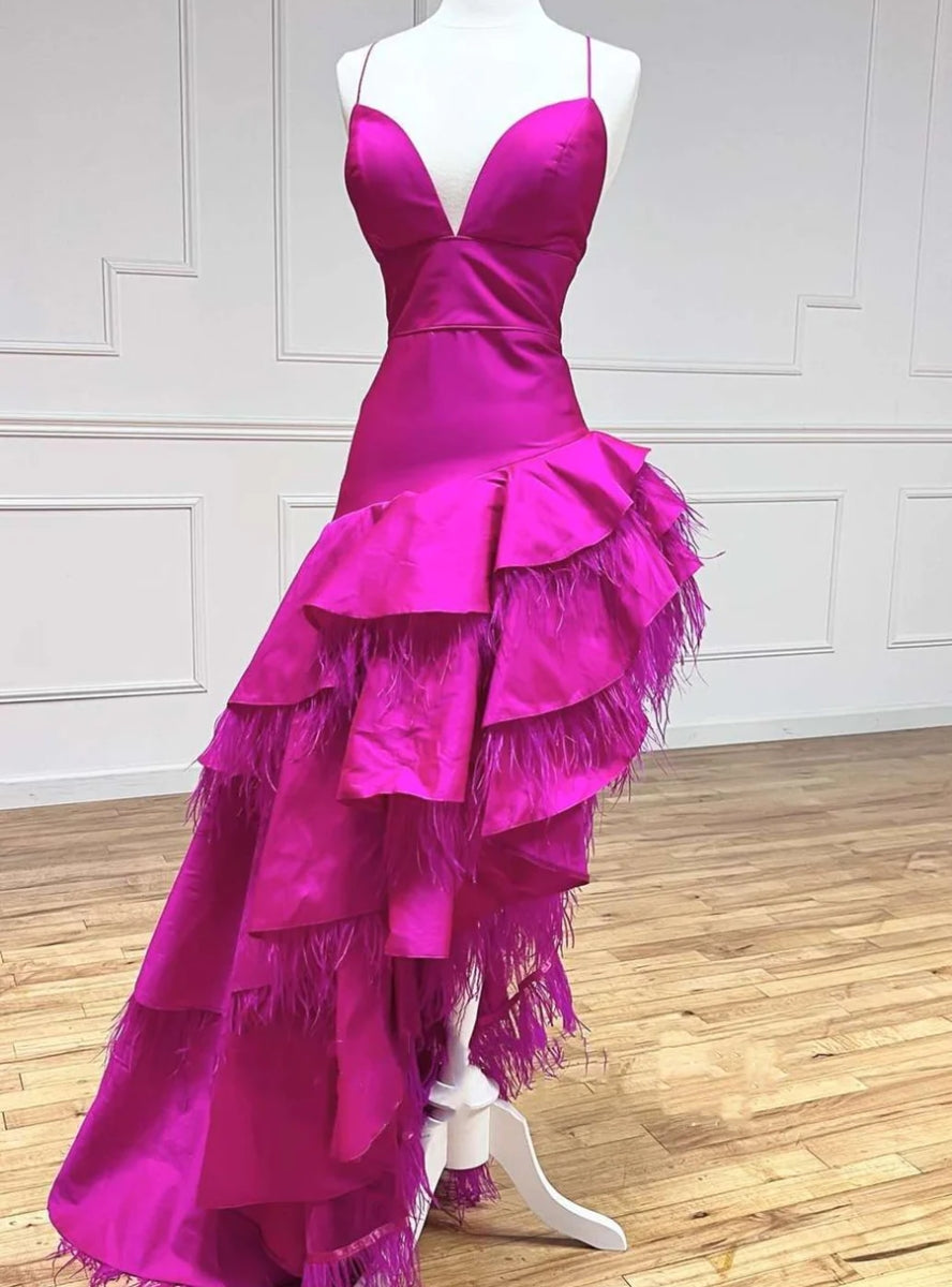 Fuchsia Satin  Spaghetti Straps Feather Prom Dress