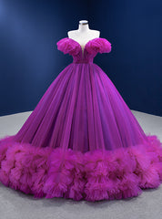 Fuchsia Tulle Off the Shoulder Pearls Prom Dress