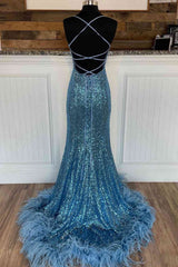 Sage Green Bridesmaid Dress, Long Sequined Blue Straps Prom Dress with Feather Hem