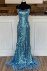 Bridesmaid Dressese Lavender, Long Sequined Blue Straps Prom Dress with Feather Hem