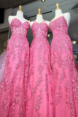 Ball Dress, Gorgeous Hot Pink Lace Appliques Long Formal Dress