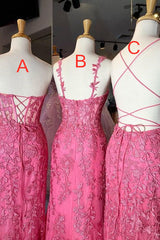 Mismatched Bridesmaid Dress, Gorgeous Hot Pink Lace Appliques Long Formal Dress