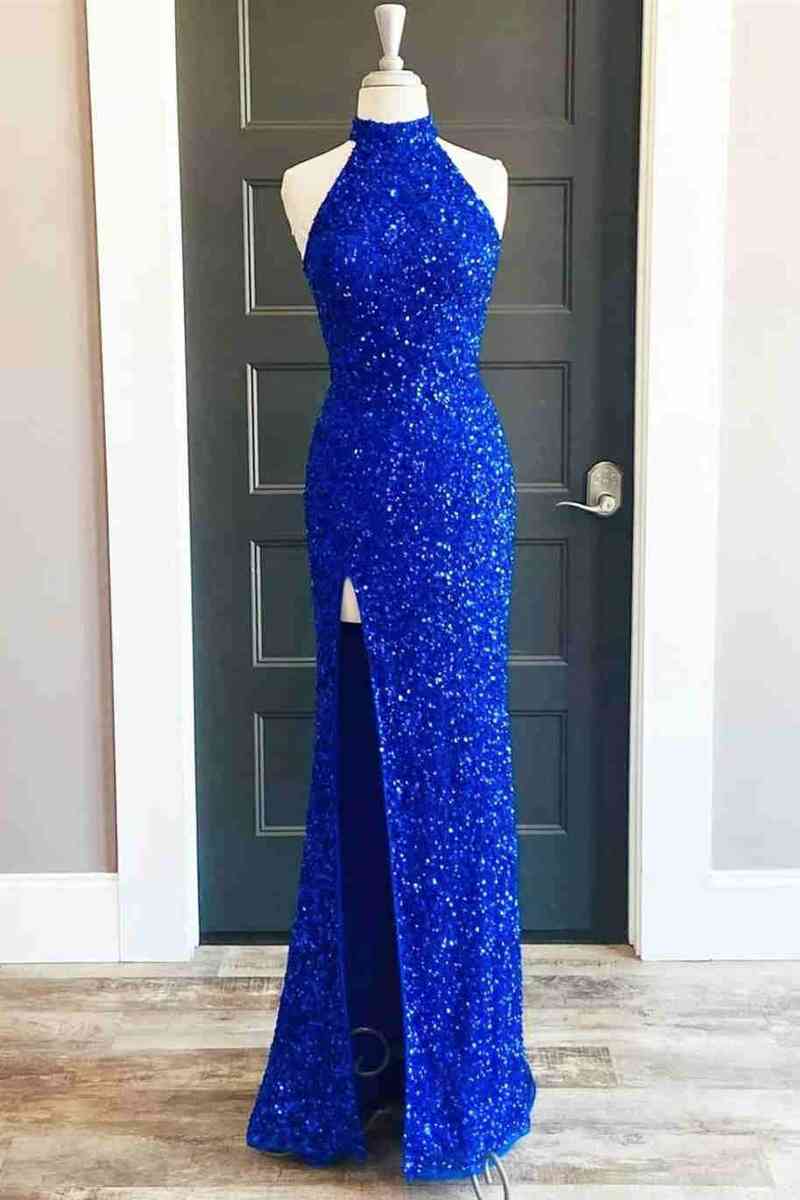 Party Dresses Ladies, Sequins High Neck Royal Blue Long Party Dress with Slit