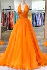 Bridesmaid Dresses Sleeveless, Elegant Orange Halter A-Line Long Party Dress