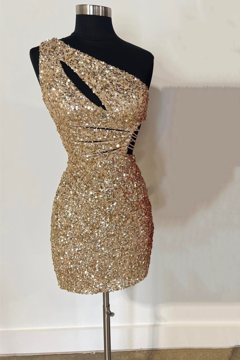 Beauty Dress, One Shoulder Gold Cutout Sequin Tight Homecoming Dress