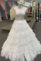 Unique Wedding Ideas, Plunging V-Neck Straps Appliques Layered Prom Dress