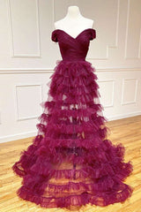 Prom Dress 2040, Off the Shoulder Burgundy Pleated Sheer Tiered Prom Dress