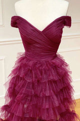 Bridesmaid Propos, Off the Shoulder Burgundy Pleated Sheer Tiered Prom Dress