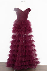 Groomsmen Attire, Off the Shoulder Burgundy Pleated Sheer Tiered Prom Dress