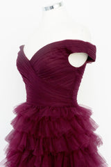 Bridesmaid Dresses Modest, Off the Shoulder Burgundy Pleated Sheer Tiered Prom Dress