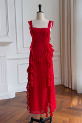 Winter Formal Dress, Square Neck Red Ruffle Chiffon Long Party Dress