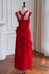 Fall Wedding, Square Neck Red Ruffle Chiffon Long Party Dress