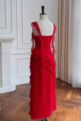 Wedding Flower, Square Neck Red Ruffle Chiffon Long Party Dress