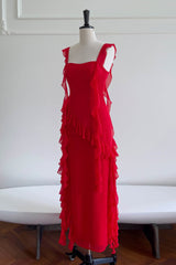 Wedding Theme, Square Neck Red Ruffle Chiffon Long Party Dress