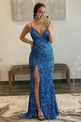 Glitter Blue V-Neck Long Prom Dress with Tassel