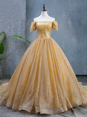 Gold Ball Gown Sequins Short Sleeve Quinceanera Dresses With Train