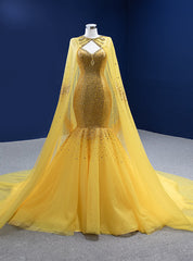 Gold Mermaid Tulle Sequins Crystal Spaghetti Straps Prom Dress With Shawl