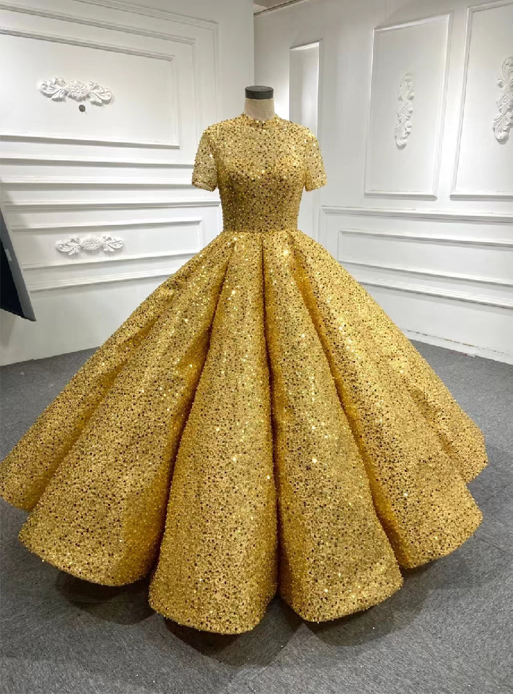 Gold Sequins High Neck Short Sleeve Prom Dress