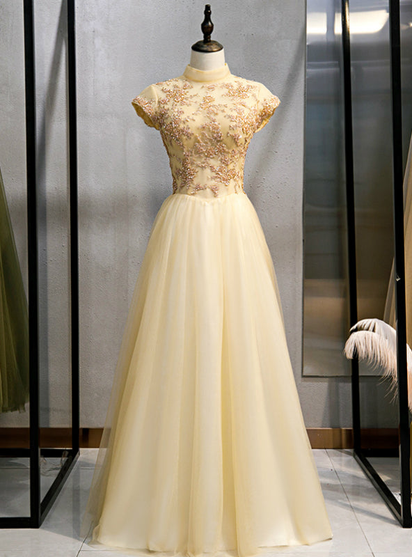 Gold Tulle High Neck Beading Open Back Prom Dress