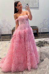 Gorgeous A Line Off the Shoulder Long Tulle Prom Dress with Slit