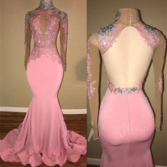 Gorgeous High-Neck Backless Pink Prom Party GownsMermaid With Lace Appliques