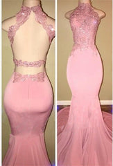 Gorgeous High Neck Pink Lace Prom Party GownsMermaid Long