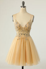 Gorgeous Yellow Homecoming Dresses A Line Spaghetti Straps Short Prom Dresses with Beading