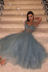 Gray Blue Tulle Lace Formal Dress Prom Dress Tulle Lace Evening Dress