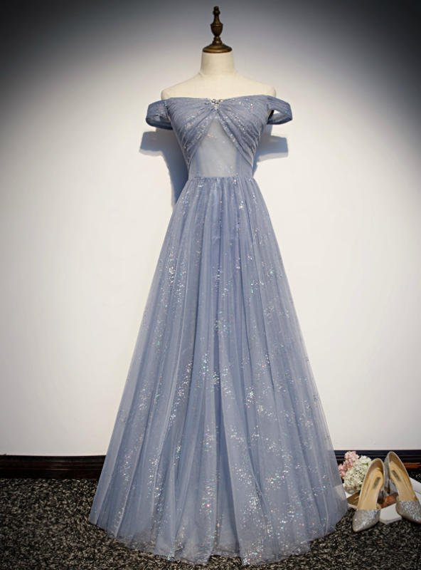 Gray Blue Tulle Sequins Off the Shoulder Beading Crystal Prom Dress