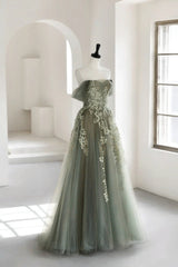 Gray Green Off The Shoulder Tulle Prom Dress With Appliques