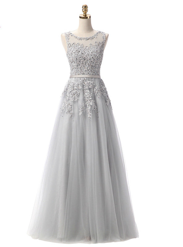 Gray Lace Beading Scoop Sleeveless Bridesmaid Dress