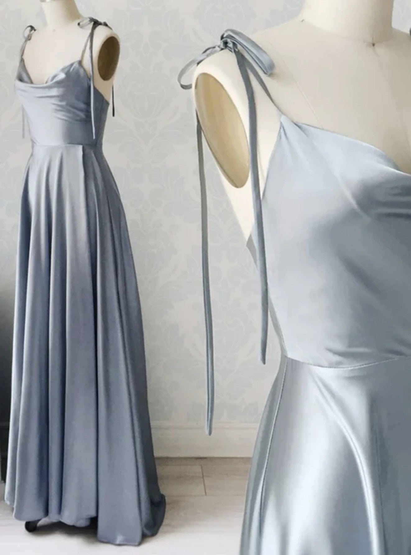 Gray Satin Spaghetti Straps Prom Dress