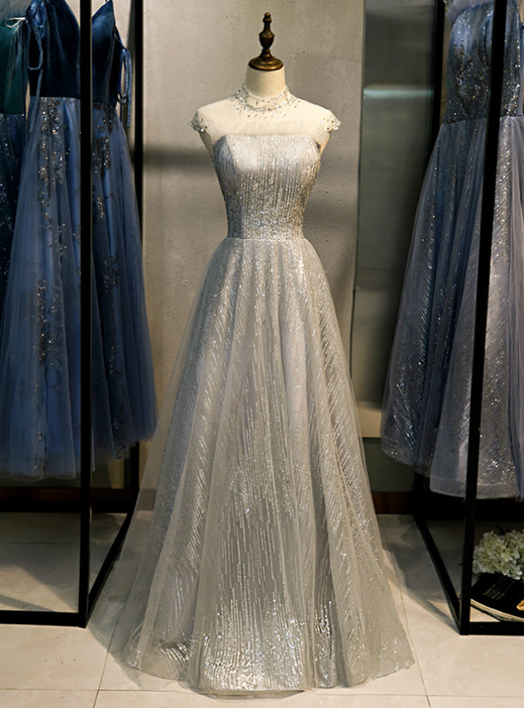 Gray Tulle Sequins High Neck Cap Sleeve Prom Dress