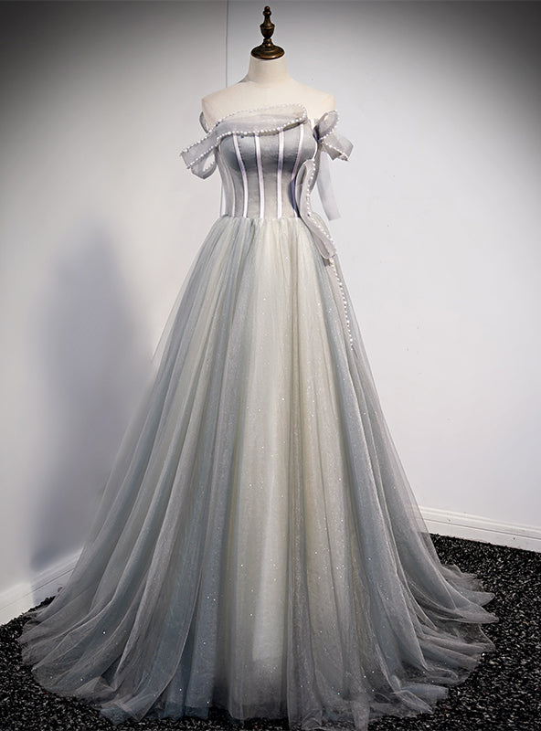 Gray Tulle Sequins Strapless Pearls Prom Dress