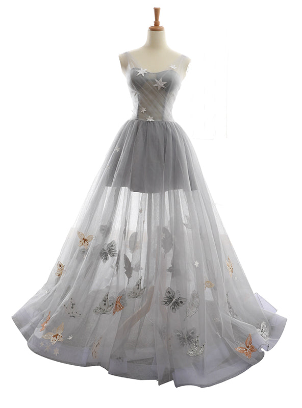 Gray V-neck Tulle Backless Butterfly Floor Length Wedding Dress