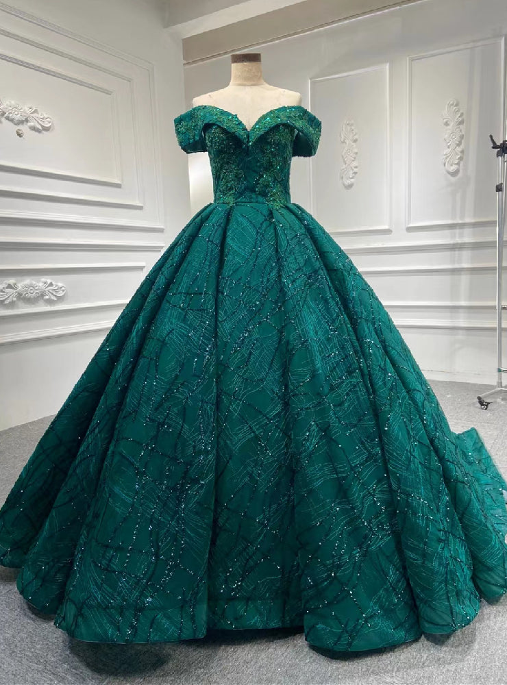 Green Ball Gown Tulle Sequins Appliques Prom Dress