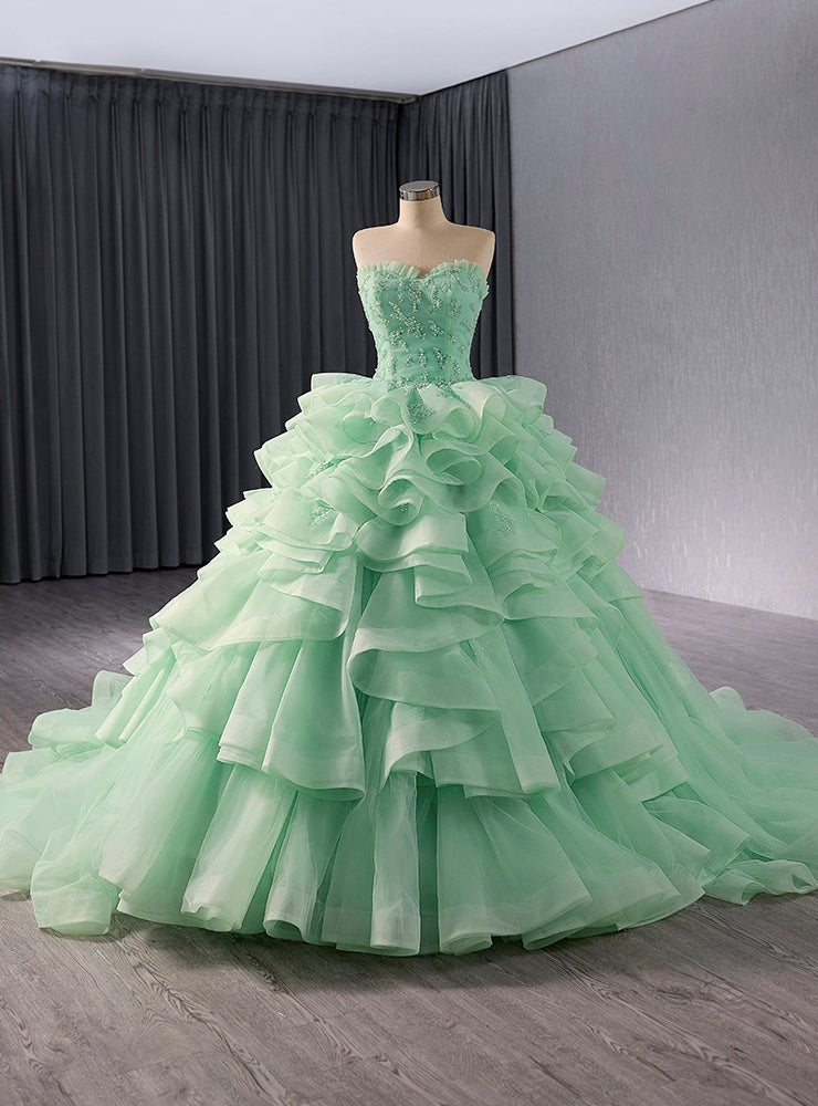 Green Ball Gown Tulle Strapless Tiers Prom Dress