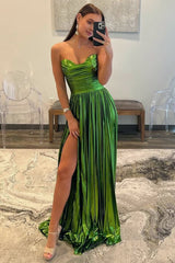 Green Metallic Strapless Pleated A-Line Long Prom Dresses