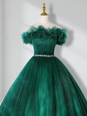 Green Off Shoulder Tulle Long Quinceanera Dresses