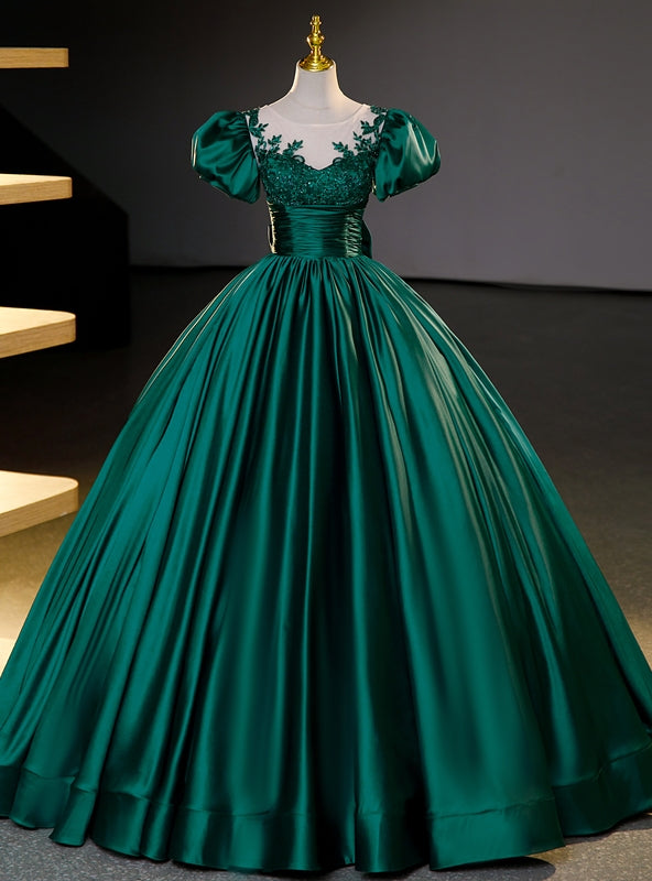 Green Satin Puff Sleeve Appliques Quinceanera Dress