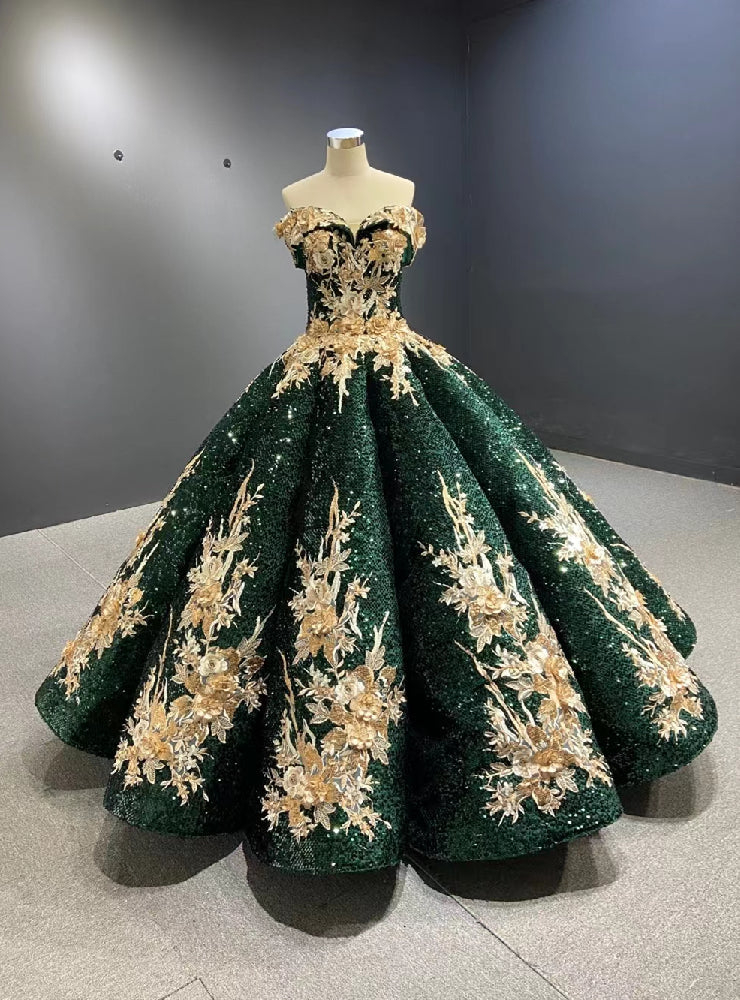 Green Sequins Champagne Appliques Prom Dress