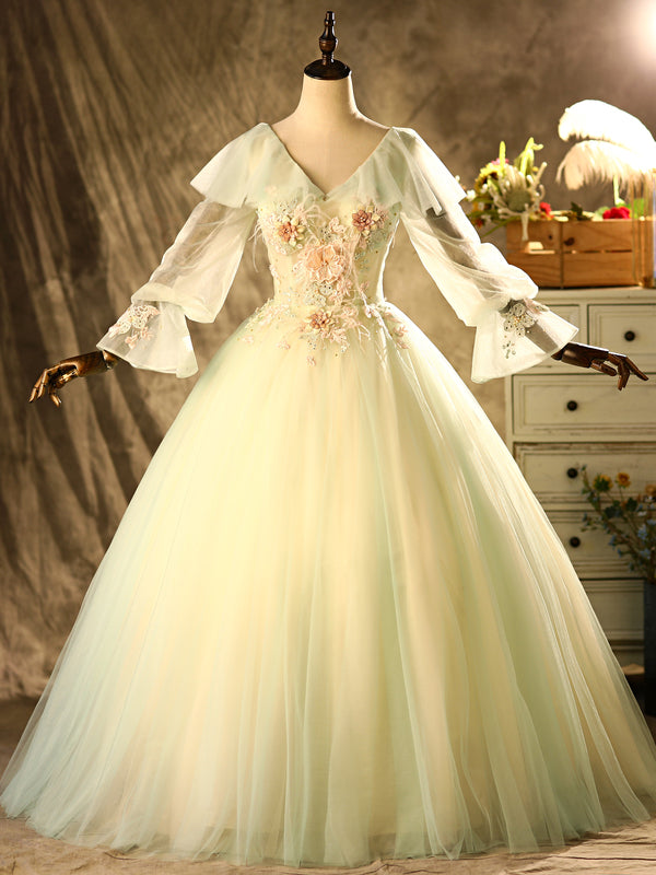 Green Tulle Appliques Long Sleeve Quinceanera Dress