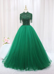 Green Tulle High Neck Short Sleeve Beading Prom Dress