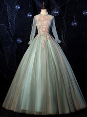 Green Tulle Long Sleeve Appliques Quinceanera Dress