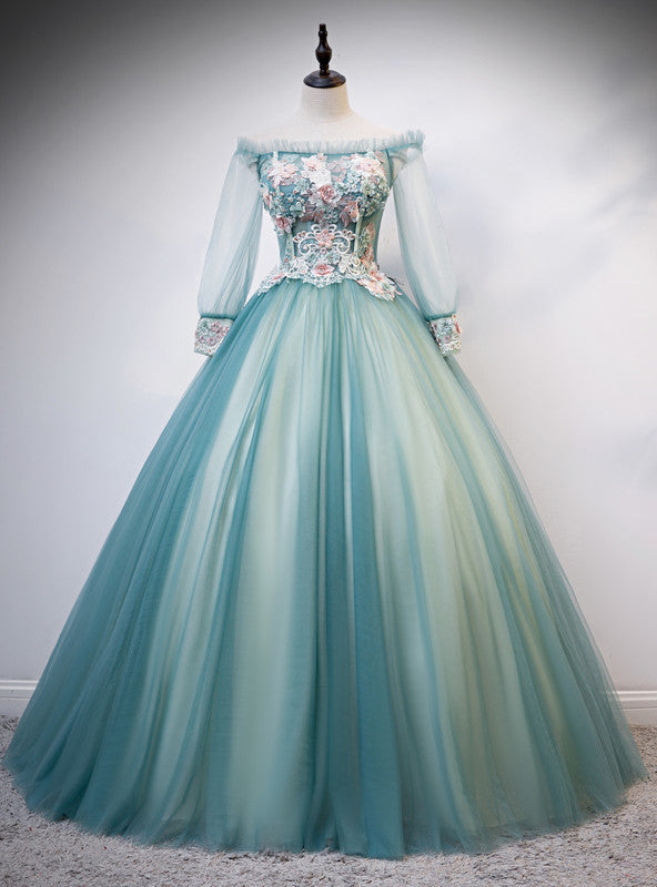 Green Tulle Off the Shoulder Long Sleeve Appliques Quinceanera Dress